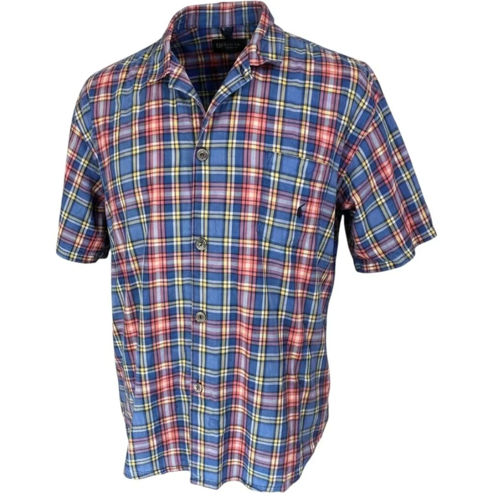 Polo Ralph Lauren Mens Blue Plaid Short Sleeve Button Sleep Shirt Pony Vintage